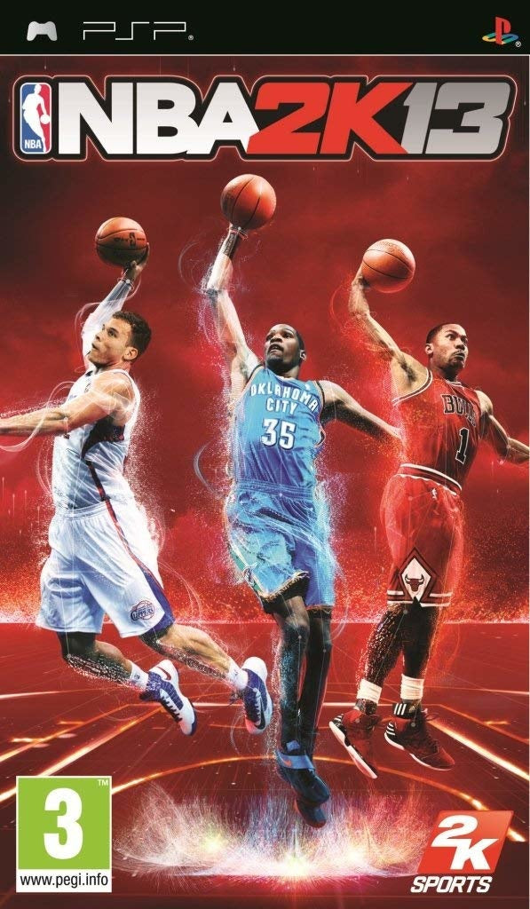 PlayStation Portable PSP NBA 2K13, rode doos voorkant met drie dunkende basketballers, tweedehands