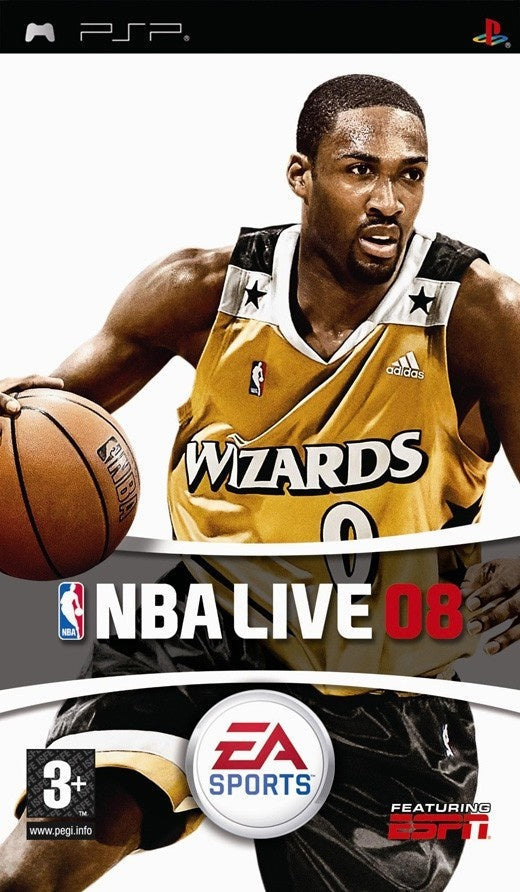 PlayStation Portable PSP NBA Live 08 van EA Sports, doos voorkant met een basketballer in Wizards-shirt, tweedehands
