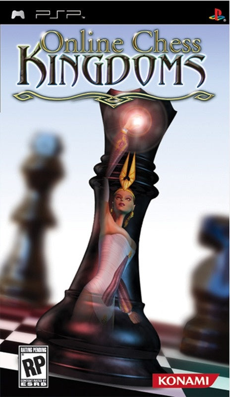 PlayStation Portable PSP Online Chess Kingdoms van Konami, ESRB-hoes met een grote schaakkoningin, tweedehands