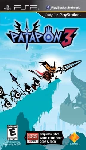 PlayStation Portable PSP Patapon 3, ESRB-hoes met zwarte Patapon-krijgertjes op een blauwe rots, tweedehands