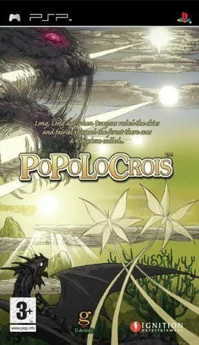 PlayStation Portable PSP PoPoLoCrois, doos voorkant met een draak boven een groen landschap, tweedehands