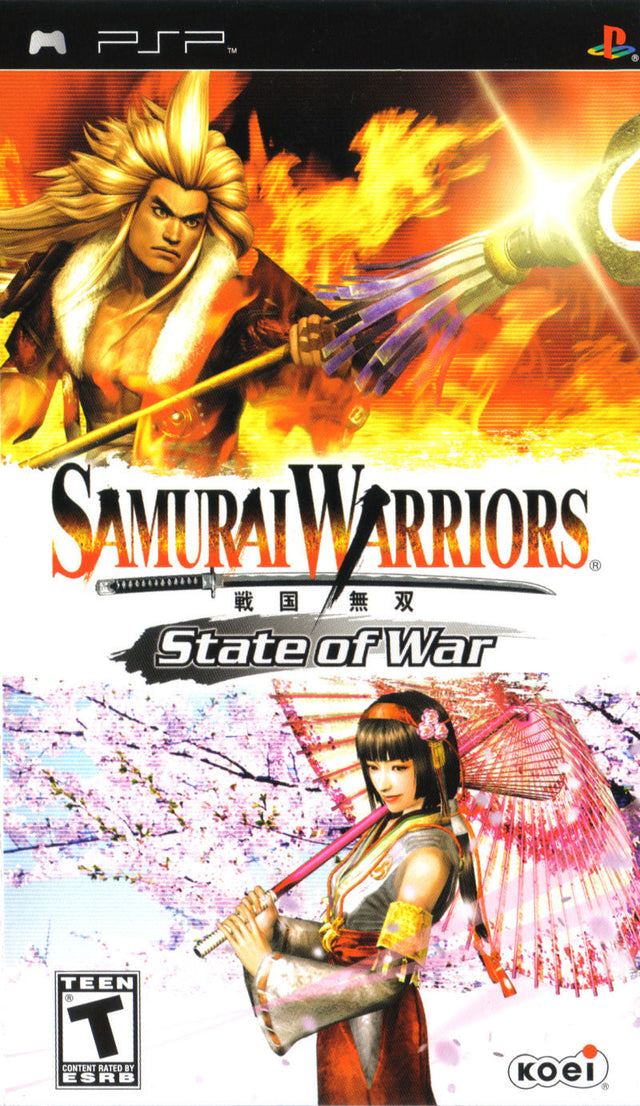 PlayStation Portable PSP Samurai Warriors State of War van Koei, ESRB-hoes met een samurai en een vrouw met parasol