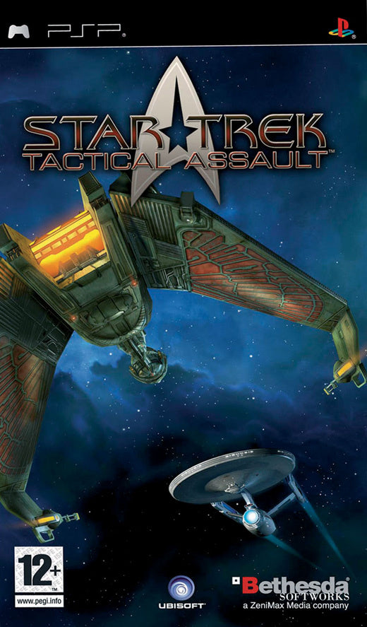 PlayStation Portable PSP Star Trek Tactical Assault, doos voorkant met een Klingon-schip en de Enterprise, tweedehands
