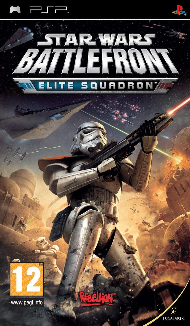 PlayStation Portable PSP Star Wars Battlefront Elite Squadron, doos voorkant met een schietende stormtrooper, tweedehands