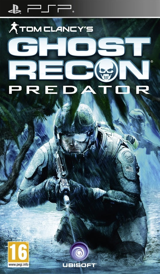 PlayStation Portable PSP Tom Clancy's Ghost Recon Predator van Ubisoft, doos voorkant met een soldaat in regen, tweedehands