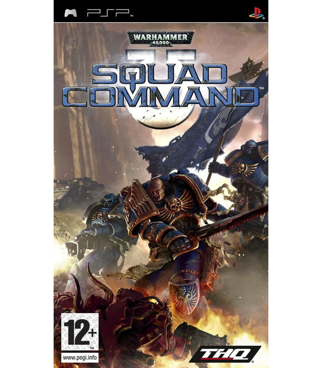 PlayStation Portable PSP Warhammer 40,000 Squad Command van THQ, doos voorkant met Space Marines in gevecht, tweedehands