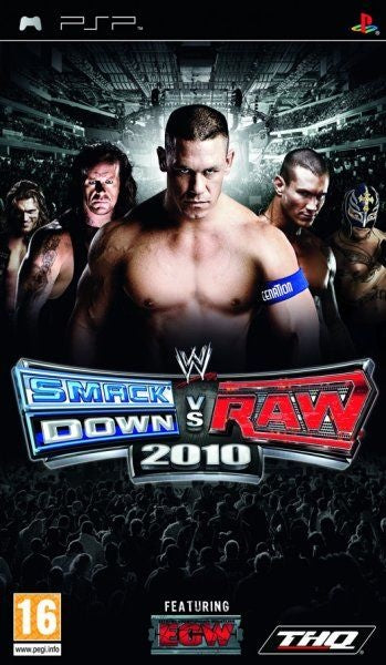 PlayStation Portable PSP WWE SmackDown vs. Raw 2010 van THQ, doos voorkant met John Cena en vier worstelaars, tweedehands