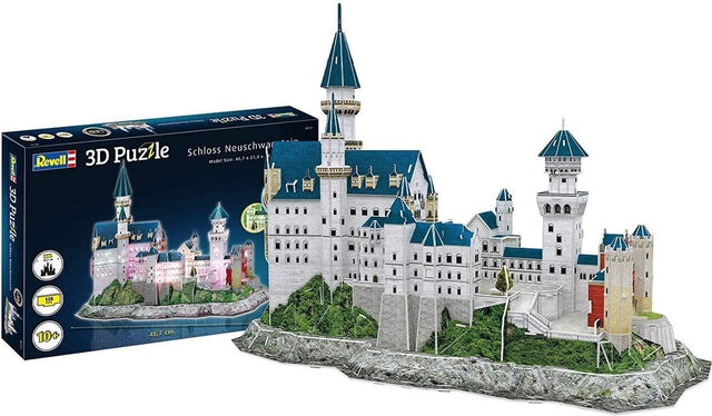 Revell Schloss Neuschwanstein LED Edition 3D-puzzel, doos en gebouwd model van het kasteel