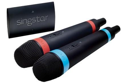 SingStar draadloze microfoons voor PlayStation 3, zwart met rode en blauwe ring, twee microfoons met ontvanger, tweedehands