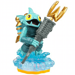 Skylanders Gill Grunt figuur, blauwe vis met harpoenkanon op watervoet, voorkant, tweedehands