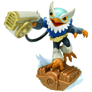 Skylanders Hurricane Jet-Vac figuur, blauw-witte vogel met gouden zuigkanon op bronskleurige voet, voorkant, tweedehands