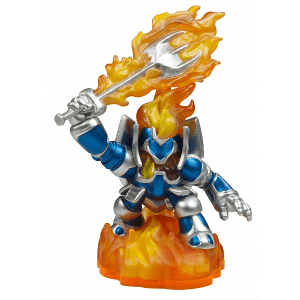 Skylanders Ignitor figuur, blauw-zilveren ridder met vlammend zwaard op vlammenvoet, voorkant, tweedehands