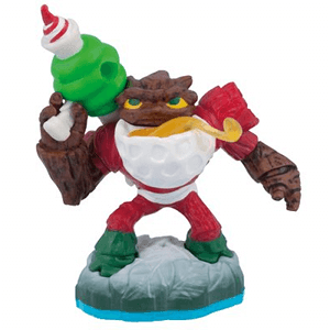 Skylanders Jolly Bumble Blast figuur, in rood-wit kerstpak met groen kanon en zuurstok op groene voet, voorkant, tweedehands