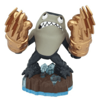 Skylanders Knockout Terrafin figuur, grijze haai met gouden bokshandschoenen op bruine voet, voorkant, tweedehands