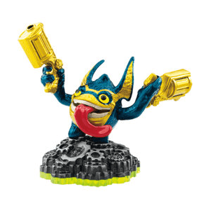 Skylanders Legendary Trigger Happy figuur, blauw-goud met twee pistolen, voorkant, tweedehands