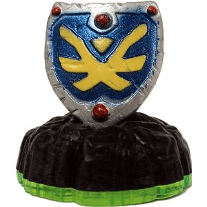 Skylanders Sky-Iron Shield magisch item, blauw schild met geel embleem op zwarte voet, tweedehands
