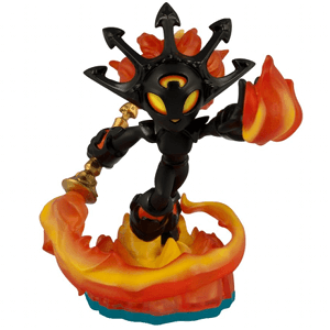 Skylanders Smolderdash figuur, zwart met vlammenkroon en vuurzweep op oranje voet, voorkant, tweedehands