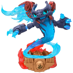 Skylanders Spitfire figuur, blauwe vlammenfiguur op bronskleurige voet, voorkant, tweedehands