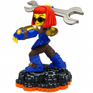 Skylanders Sprocket figuur, vrouw met rood haar, zonnebril en grote moersleutel op tandwielvoet, voorkant, tweedehands