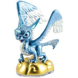 Skylanders Whirlwind, blauwe eenhoorndraak met gespreide vleugels op een goudkleurige wolkenvoet