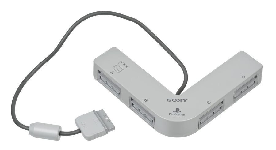 Sony PlayStation 1 Multi Tap, grijs, L-vormige adapter met vier controllerpoorten en kabel, tweedehands