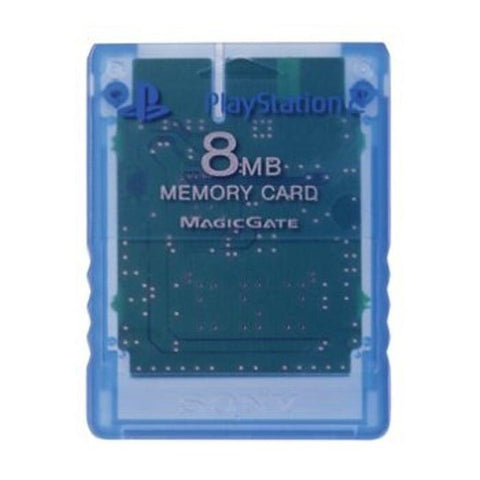 Sony PlayStation 2 memory card 8 MB, blauw doorzichtig, voorkant met opdruk MagicGate, tweedehands