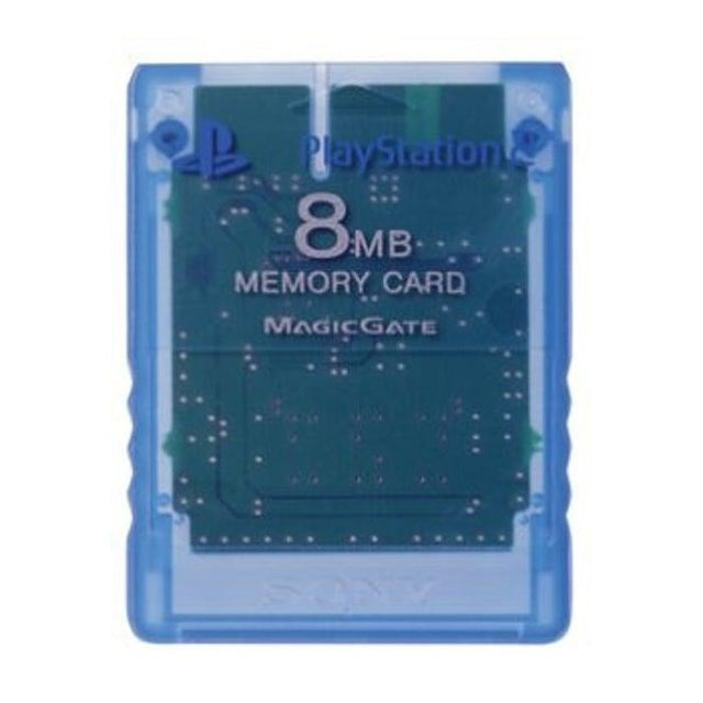 Sony PlayStation 2 memory card 8 MB, blauw doorzichtig, voorkant met opdruk MagicGate, tweedehands