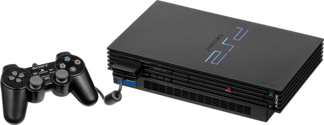 Sony PlayStation 2 Phat console, zwart, liggend met controller ervoor, tweedehands