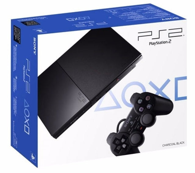 Sony PlayStation 2 Slim console, zwart, doos voorkant, tweedehands