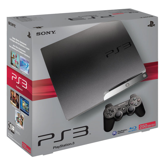 Sony PlayStation 3 Slim 250 GB console, zwart, doos voorkant, tweedehands