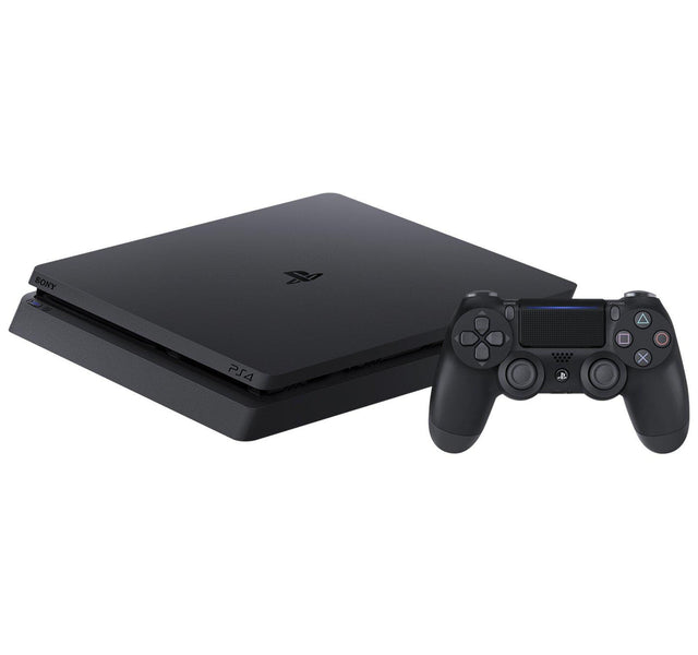 Sony PlayStation 4 Slim console, zwart, liggend met DualShock 4 controller ernaast, tweedehands