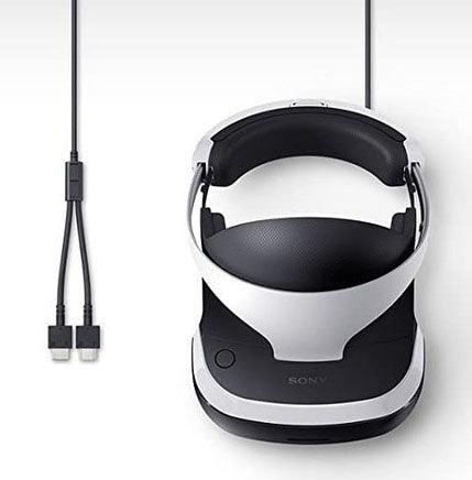 Sony PlayStation 4 VR v2 headset, wit met zwart, voorkant met de kabel ernaast