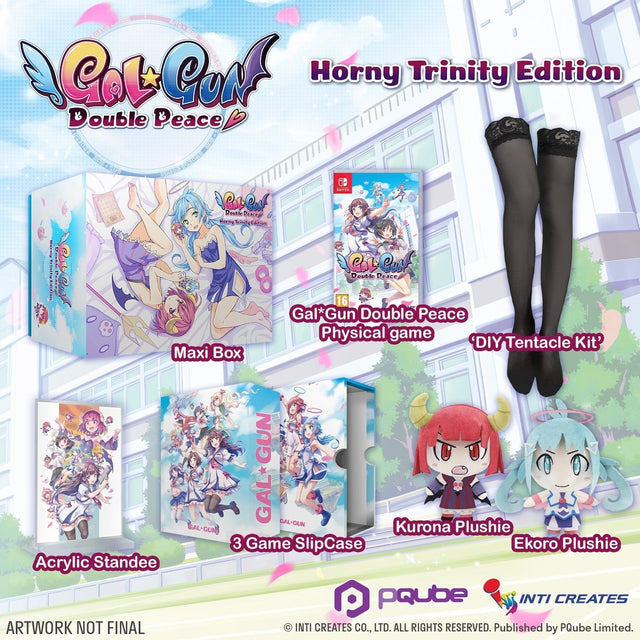 Nintendo Switch Gal Gun Double Peace Horny Trinity Edition, uitgeversafbeelding met verzameldoos, knuffels en standee