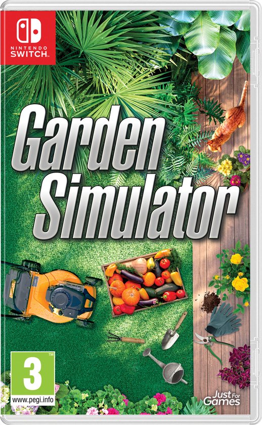 Nintendo Switch Garden Simulator, doos voorkant met een grasmaaier, groenten en tuingereedschap