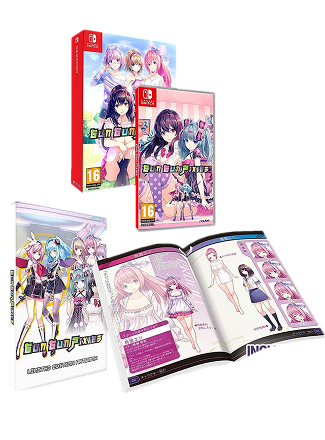 Nintendo Switch Gun Gun Pixies Day One, uitgeversafbeelding met hoes, doos en Limited Edition-artbook