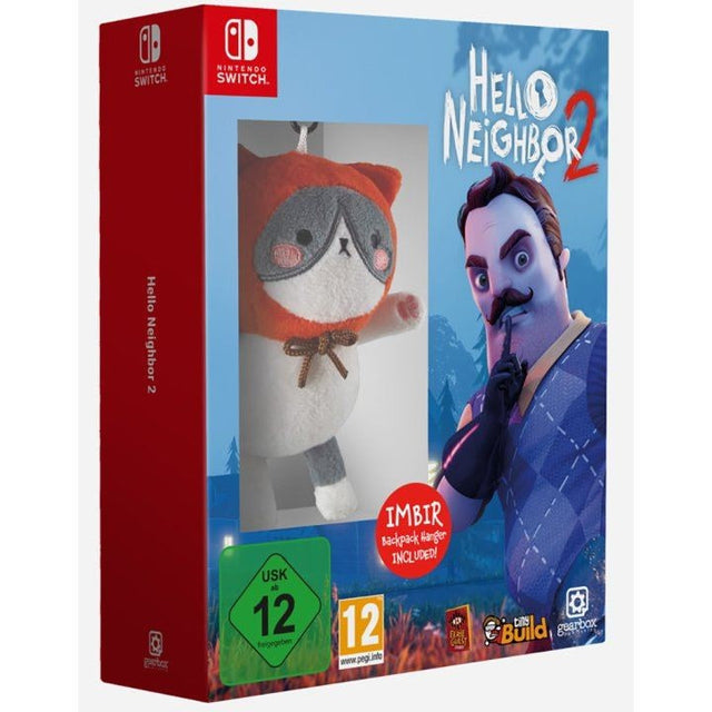 Nintendo Switch Hello Neighbor 2 Imbir Edition, doos voorkant met Imbir-rugzakhanger achter een venster, tweedehands