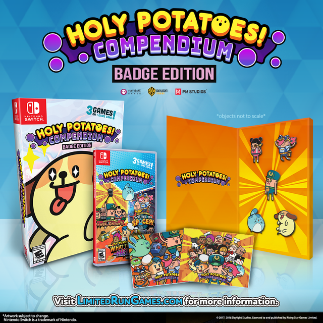 Nintendo Switch Holy Potatoes Compendium Badge Edition, uitgeversafbeelding met verzameldoos, doos en badges