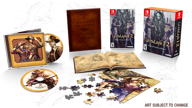 Nintendo Switch La-Mulana 1 & 2 Hidden Treasures Edition, voorlopige uitgeversafbeelding met ESRB-doos, artbook en puzzel