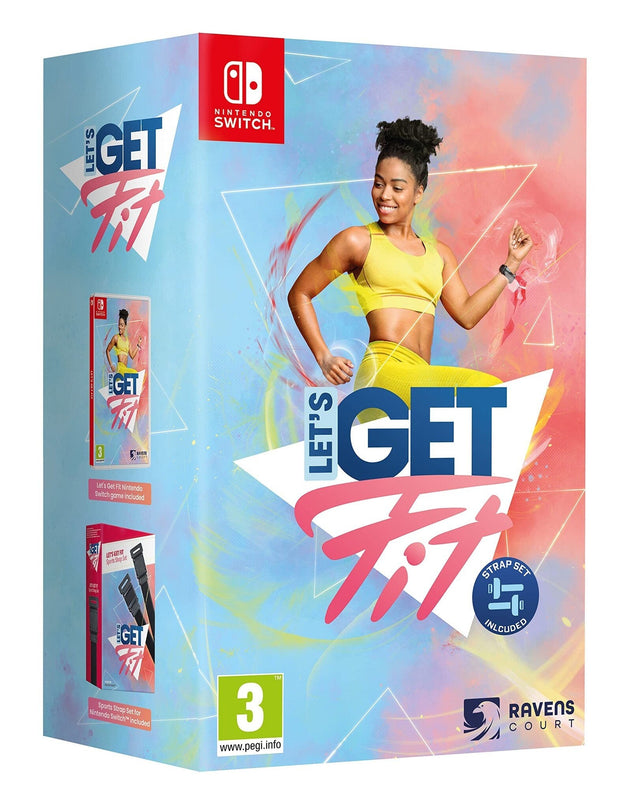 Nintendo Switch Let's Get Fit Strap Set Bundle, doos voorkant met spel en bandenset, tweedehands