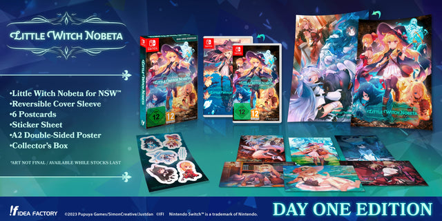 Nintendo Switch Little Witch Nobeta Day One Edition, uitgeversafbeelding met verzameldoos, posters en ansichtkaarten