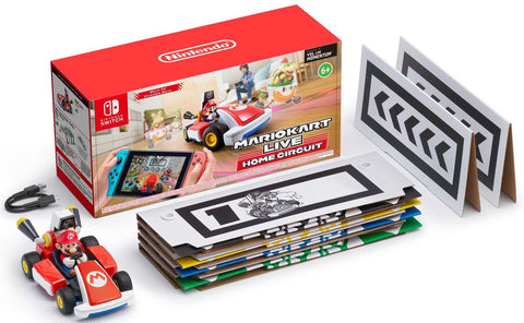 Nintendo Switch Mario Kart Live Home Circuit Mario Set, overzicht van de inhoud met doos, kart, poorten en USB-kabel