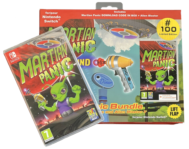 Nintendo Switch Martian Panic Limited Edition Bundle, bundeldoos met Alien Blaster en doos voorkant