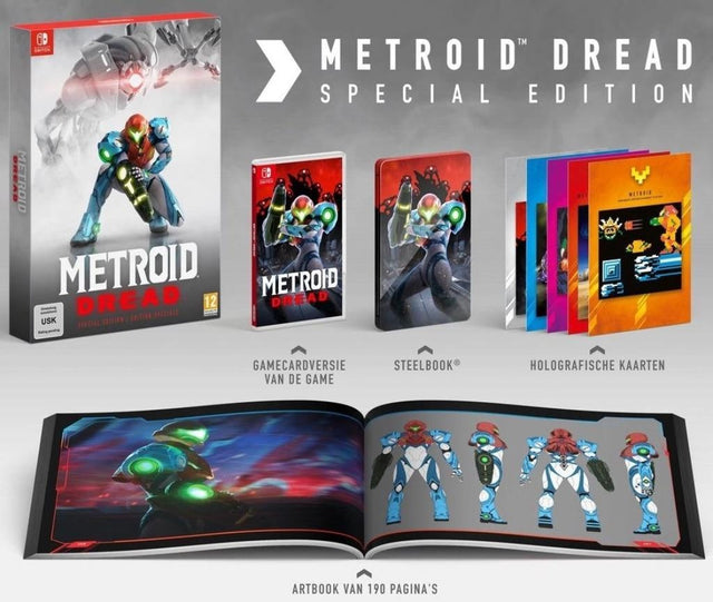 Nintendo Switch Metroid Dread Special Edition, reclamebeeld met verzameldoos, spel, steelbook, kaarten en artbook