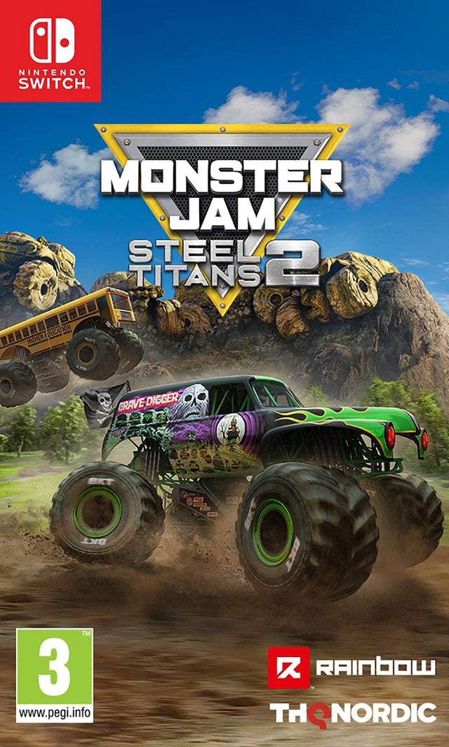 Nintendo Switch Monster Jam Steel Titans 2, doos voorkant met monstertruck Grave Digger, tweedehands