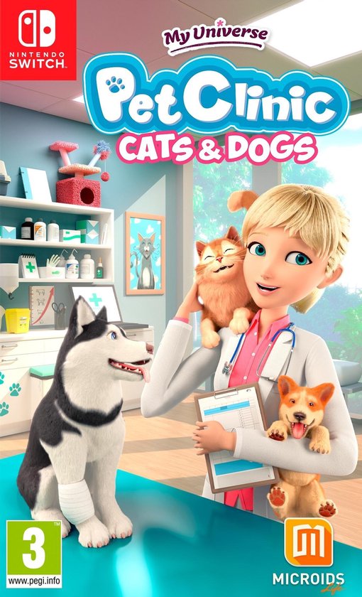 Nintendo Switch My Universe Pet Clinic Cats & Dogs, doos voorkant met een dierenarts met katten en honden