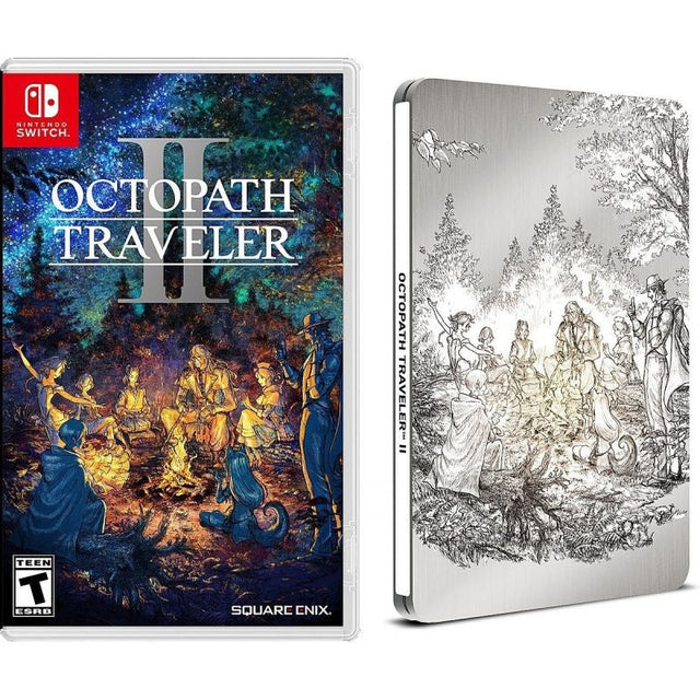 Nintendo Switch Octopath Traveler II Steelbook Edition, uitgeversafbeelding met doos en steelbook, Amerikaanse ESRB-uitgave