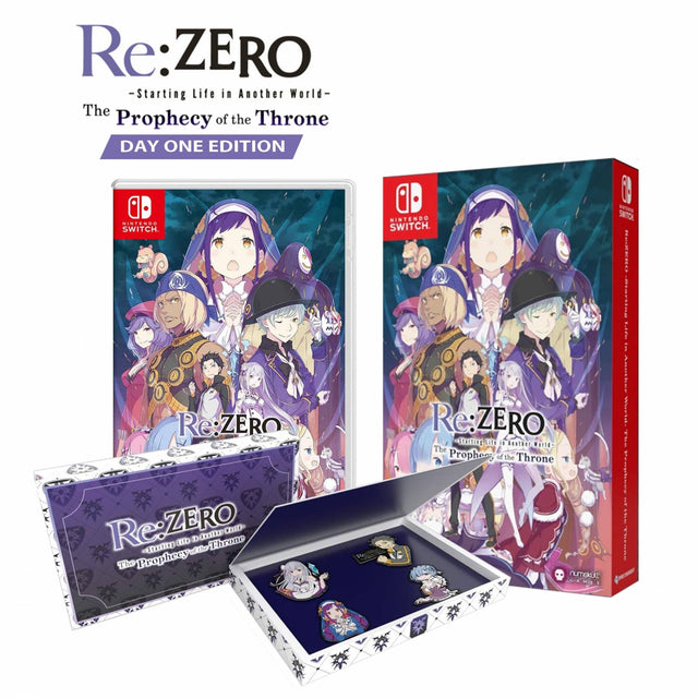 Nintendo Switch Re:ZERO The Prophecy of the Throne Day One Edition, uitgeversafbeelding met hoes, doos en speldjes