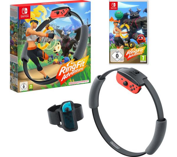 Nintendo Switch Ring Fit Adventure, doos, spelhoes, Ring-Con en beenband naast elkaar, tweedehands