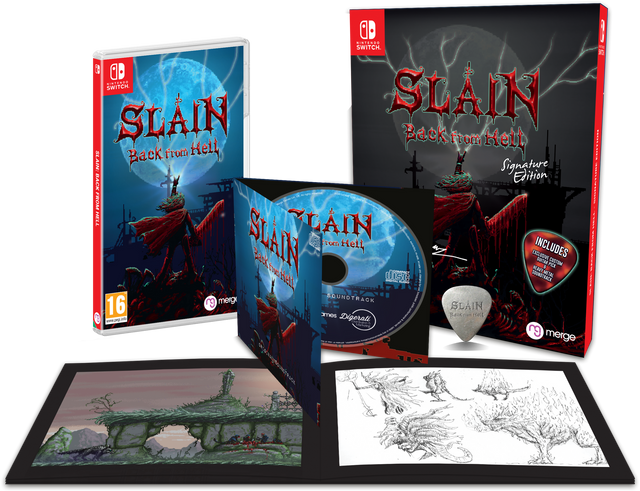 Nintendo Switch Slain Back from Hell Signature Edition, uitgeversafbeelding met verzameldoos, doos, cd en plectrum