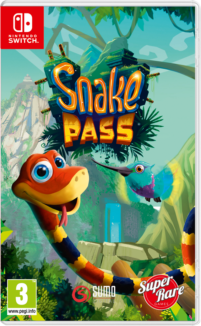 Nintendo Switch Snake Pass van Sumo Digital, doos voorkant met een slang en een kolibrie, tweedehands